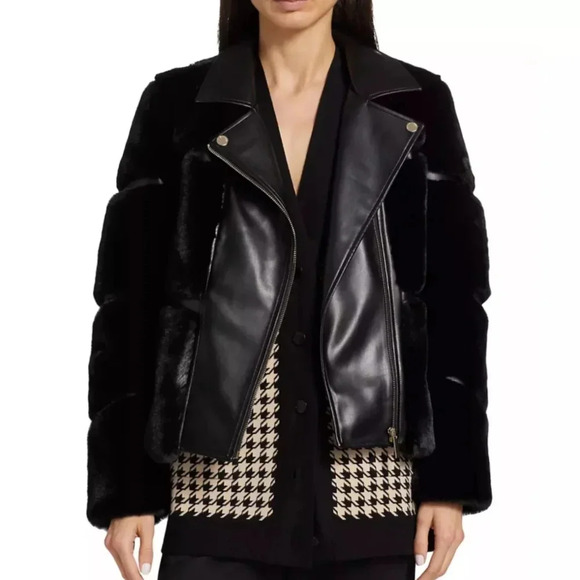 Elie Tahari Mixed Media Vegan Leather Faux Fur Moto Jacket Black NWT L - Picture 1 of 9